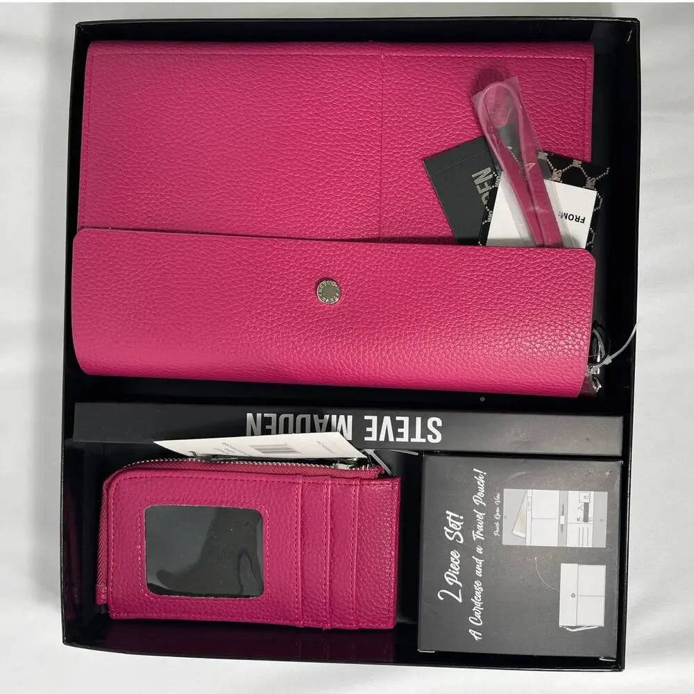 Steve Madden Womens Fuchsia 2 Piece Card Case Travel Pouch Gift Set NEW
